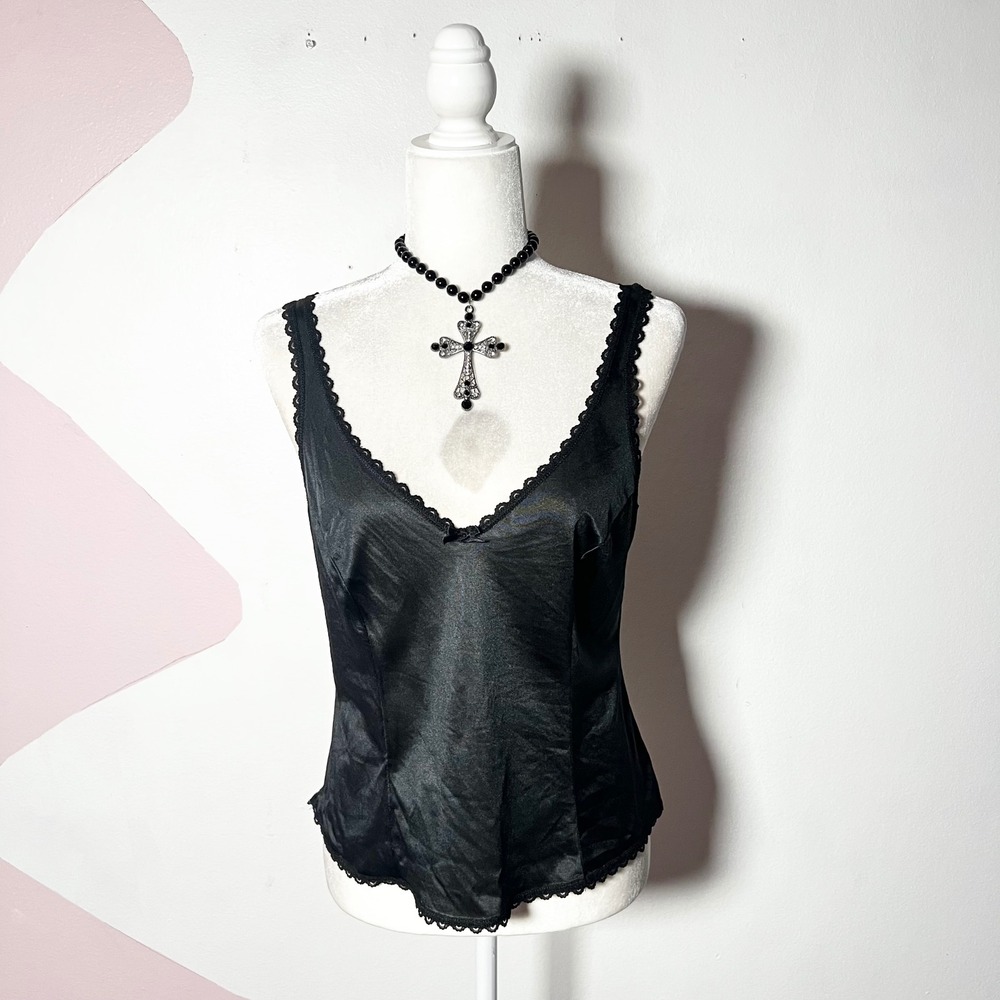 Vtg 90s Black Satin Lace Trim Camisole Tank Top Size 36 Goth Grunge